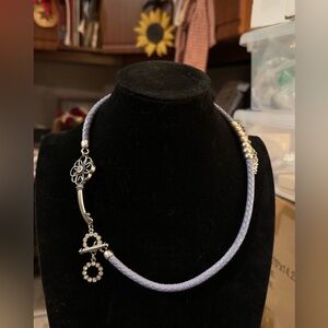 Premier Design,  Necklace blue braided cord, silver dangle charms rhinestones